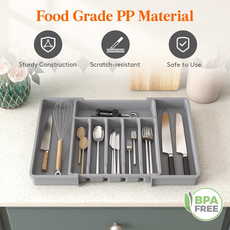 Lifewit Silverware Drawer Organizer, Expandable Utensil Tray for Kitchen, BPA Free Flatware and Cutlery Holder, Adjustable Plastic Storage for Spoons Forks Knives, 33 -57 x 42cm, Gray