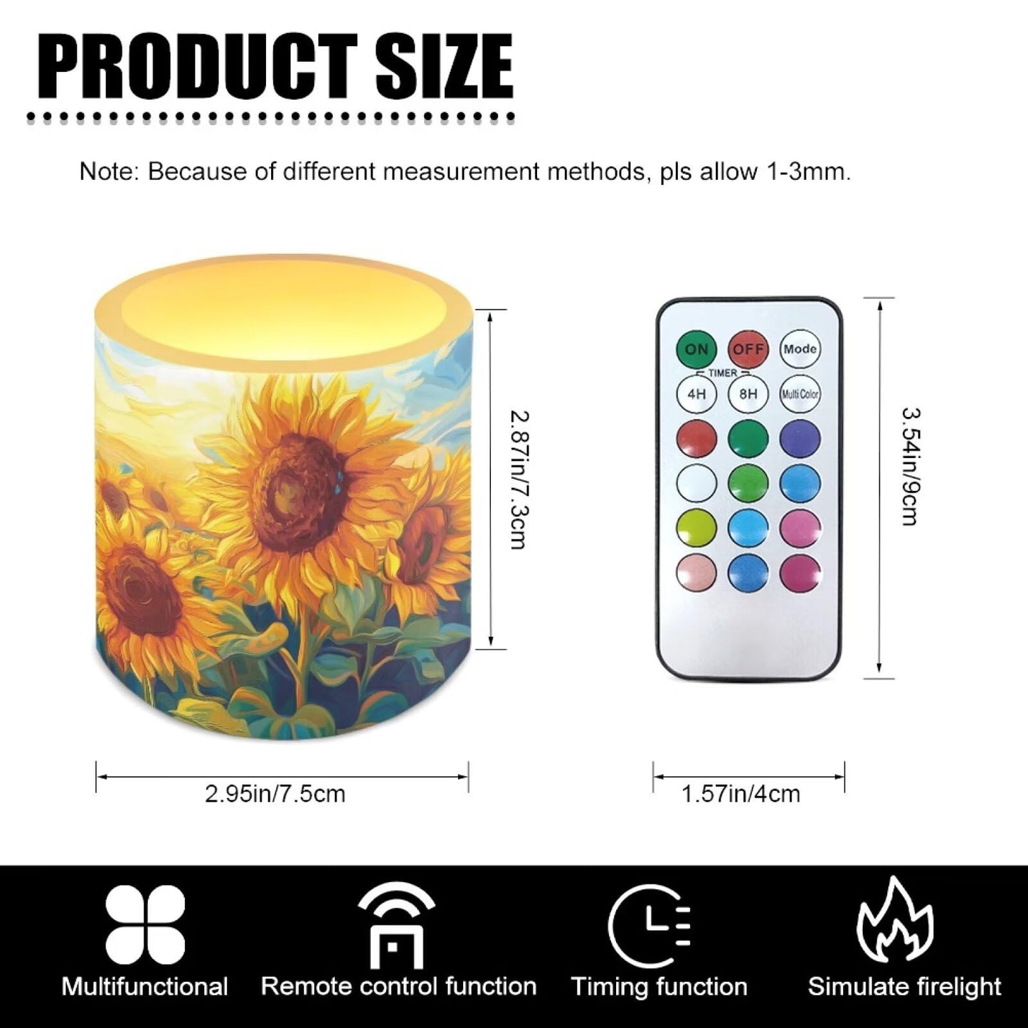 Cozeyat Sunflower Flameless Candles 4 Pack Battery Operated with Remote Control Timer LED Pillar Candles Waterproof for Indoor Outdoor Use