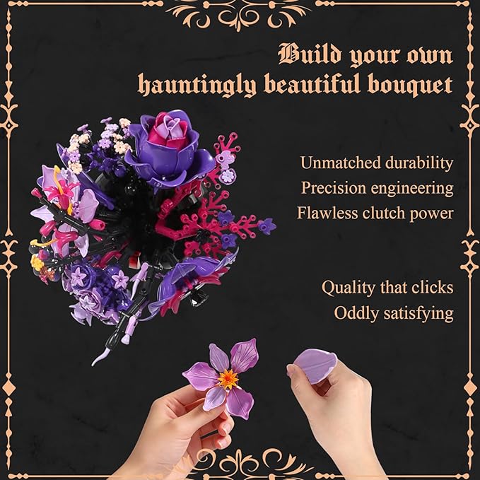 Flowers Bouquet Block SetElegant Purple Bouquet Building with Detailed Instructions for Parent-Child Bonding & Creative AchievementGift Idea with Purple Theme for Loved One or Gothic Decor Lover