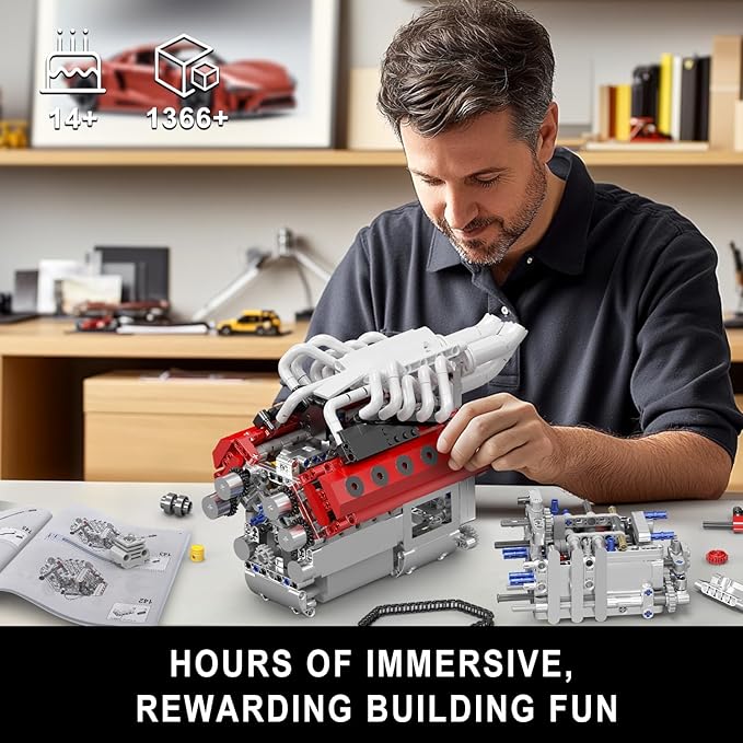 Mould King V12 Engine Model Kit That Runs - Motorized Mini Engines Building Blocks Set with Gearshift & Battery DIY Mechanic Engineering Kit Car Construction STEM Toy for Adults & Teens (136