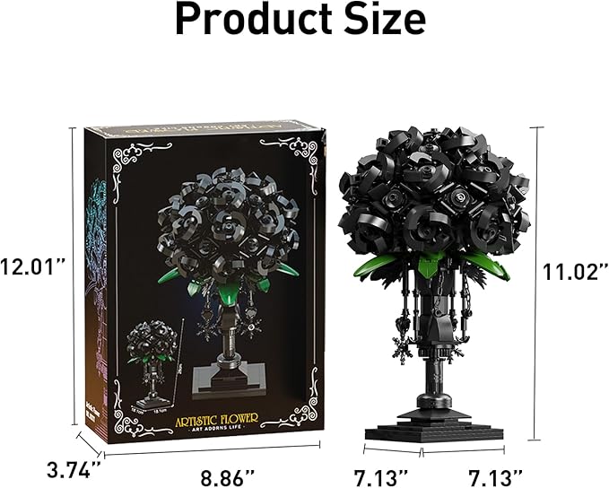 Black Rose Building Block Flower Decor Gothic Style Brick-Built Floral Bouquet for Home & Office Compatible with Lego Dark Romantic Black Flowers DIY Display Gift for Adults