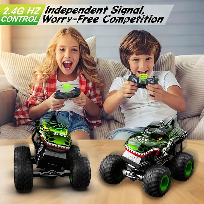 Gohero Monster Truck Toys for Kids 1:20 Dinosaur Toys RC Car Truck with 360° Spins & Drifting 2.4GHz All-Terrain Monster Trucks for Boys Age 4-7 | with LED Light Music & 2 Rechargeable Batt