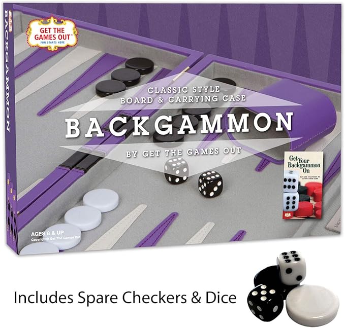 Get The Games Out Backgammon Set Classic Board Game Case 2 Players Includes Strategy & Tip Guide Perfect for Parties and Family Game Nights -Small Purple
