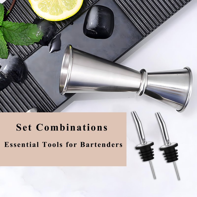 Pafusen Jigger for Bartending with 2 Pourers, Japanese Jiggers with 5 Measurements Inside, Jiggers 2 OZ 1 OZ, Shot Measure Jiggers, Bar jigger Bartender Tool Accessories, (Silver, 1 Jigger+ 2 Pourers)