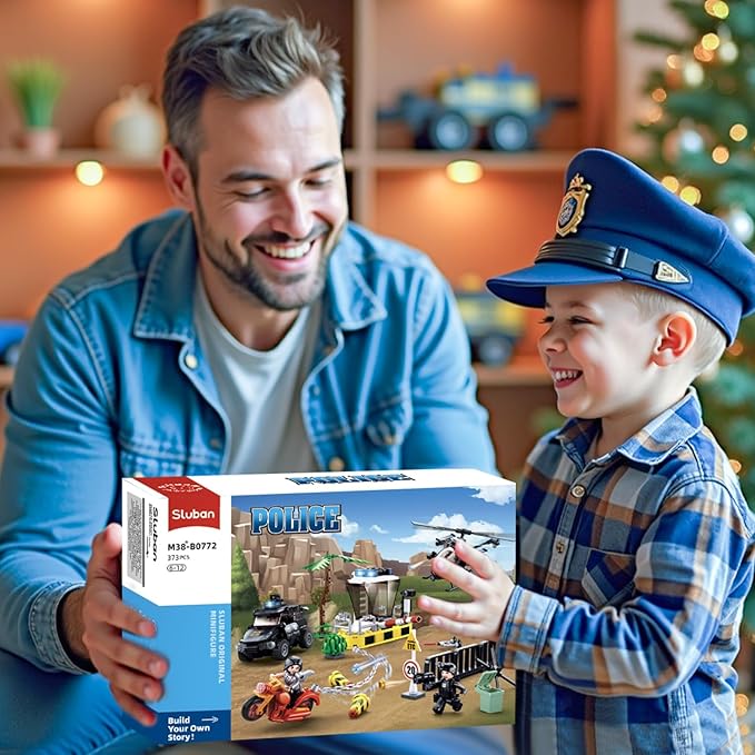 City Police Chase Building Set SWAT Police Building Kit with 4 Minifigures & Helicopter & Police Truck & Motorcycle Compatible with Lego City Police Station Gift for Boys Girls Aged 6+