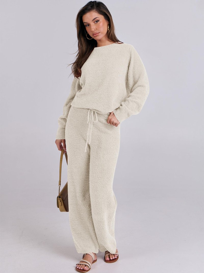 ANRABESS Women's 2 Piece Pajama Sets Long Sleeve Top Wide Leg Pants Fuzzy Fleece Lounge Matching Set 2025 Fall Winter Outfits Beige Medium