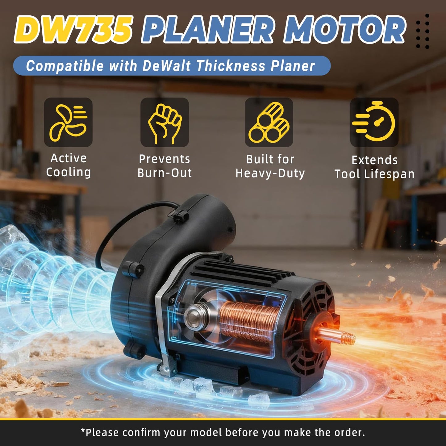 Ytricas DW735 Planer Motor Replacement with Fan Compatible with DeWalt Thickness Planer 120V - Replace DW735X Planer Type 1 Type 2 Motor Assembly
