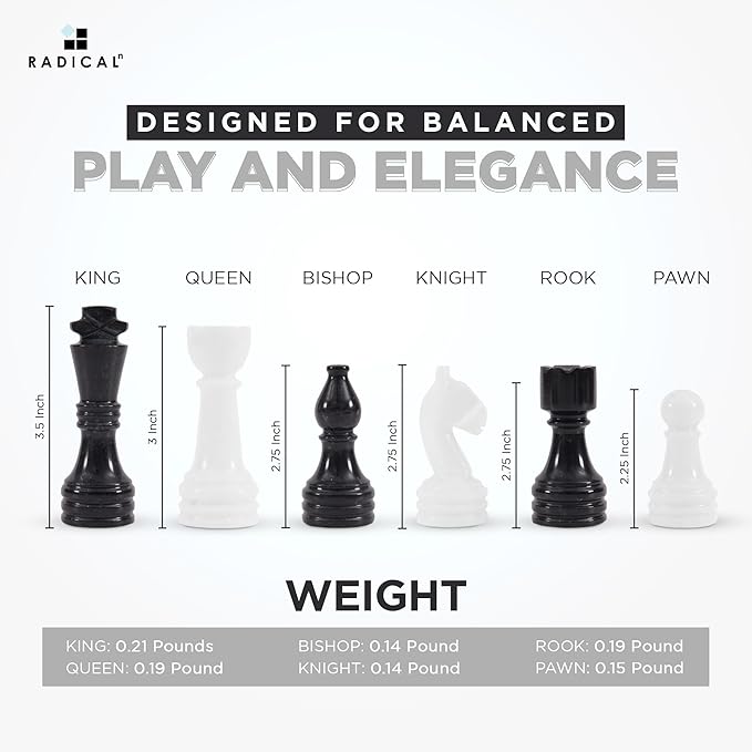 Radicaln Marble Chess Figures 3.5'' Inches Black and White Handmade Figures for Board Games - Marble Chess Set & Checker Board Game for Adults