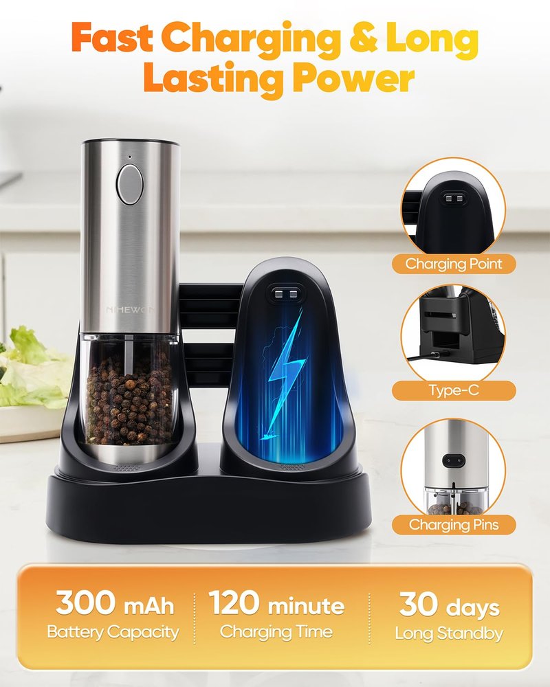 NIHEWON Electric Salt and Pepper Grinder Set with LED Light, Rechargeable Salt and Pepper Shakers with 5 Adjustable Coarseness, Upgraded Large Capacity, Stainless Steel, Storage & Charging Base