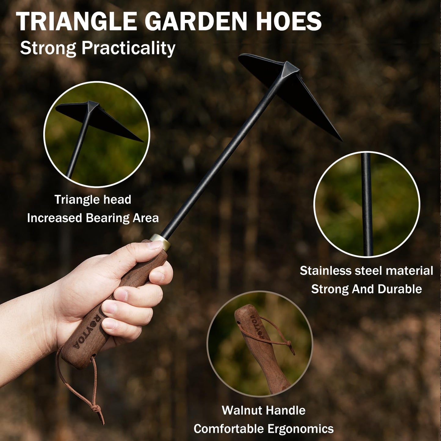 ROYTOA Triangle Hand Hoe, Heavy Duty Stainless Steel Weed Puller and Weed Remover Gardening Tool with Walnut Handle for Weeding, Soil Loosening and Cultivating