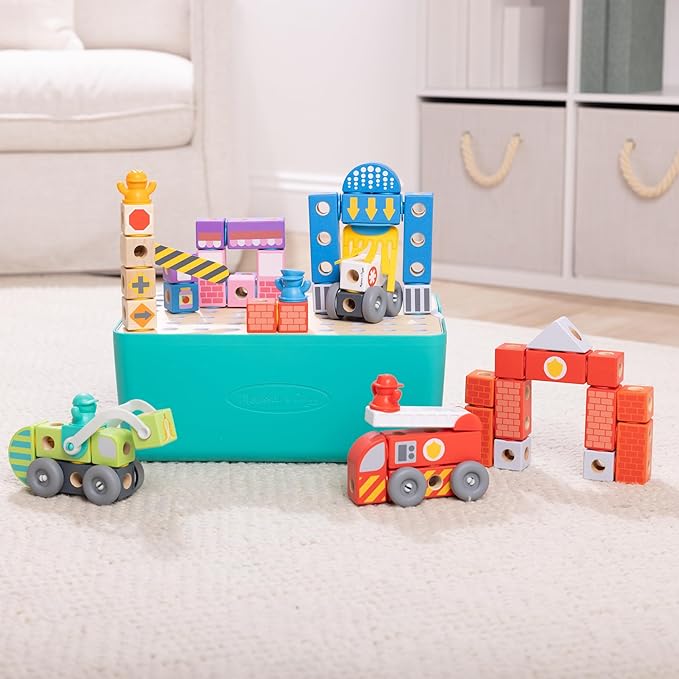 Melissa & Doug Blockables™ Deluxe City Snap and Play Mix and Match Connectable Wooden Building Blocks Set with Storage Bin and Play Lid (122 Pcs) Ages 2 to 7- FSC Certified