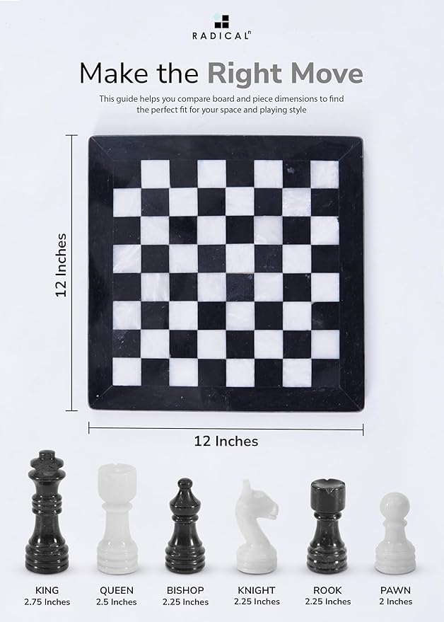 Radicaln Marble Chess Set 12 Inches Black and White Handmade Chess Game - 1 Chess Board & 32 Chess Pieces - Board Game for 2 Player Games - Adults Chess Sets