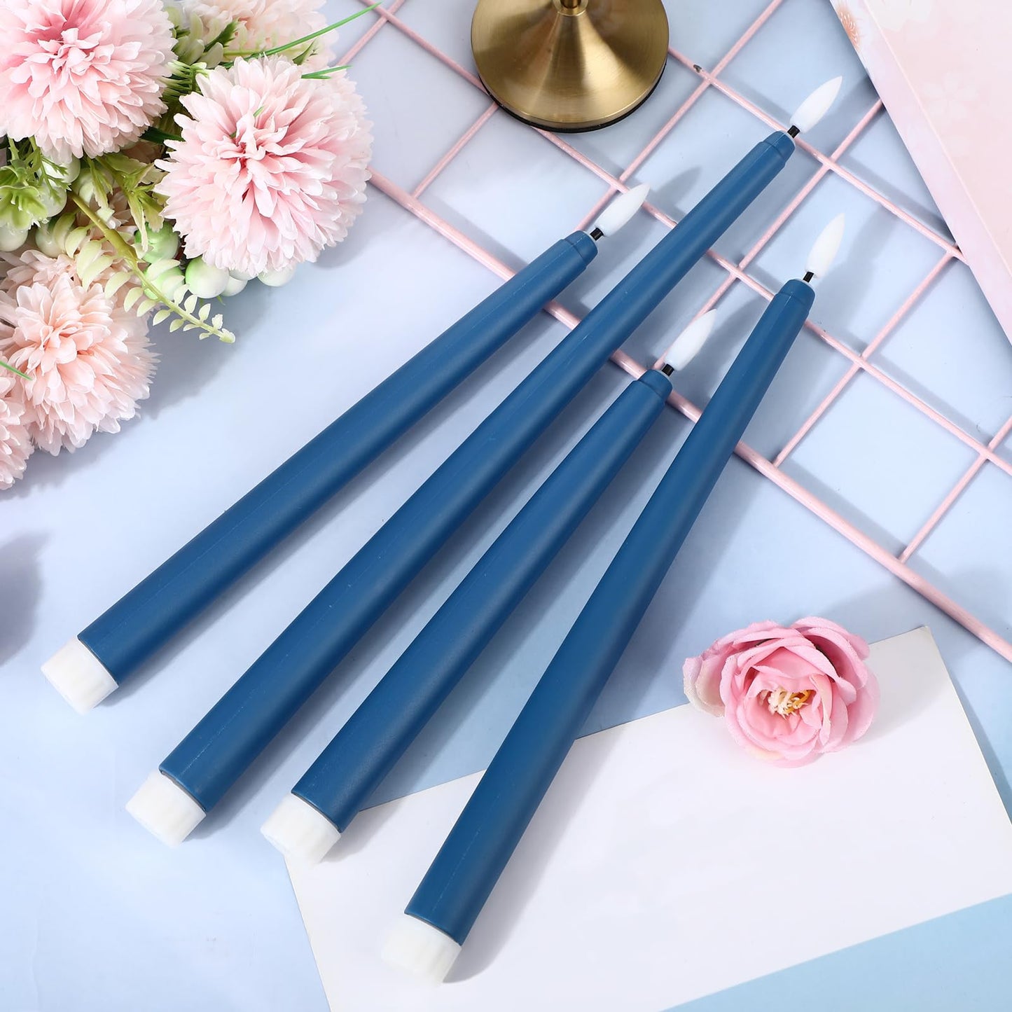 Rossesay 24 Pcs Flameless LED Taper Candles Battery Operated Candle 8.5", 9.65", 10.8", 12.8" Flameless Candlesticks Flickering for Christmas Church Wedding Indoor Decoration(Classic, Blue)