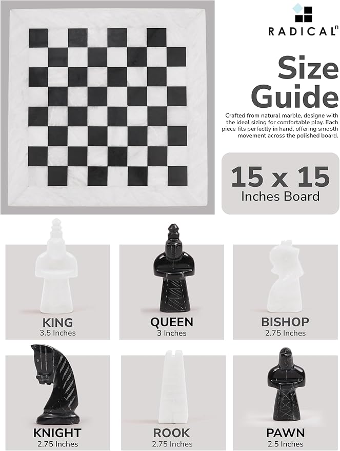 Radicaln Marble Chess Set 15 Inches with Storage Box White and Black Luxury Board Games for Adults Ideal Marble Antique Chess Board Game Set & Chess Pieces for Home Decor