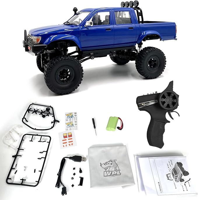 RC Rock Crawler WPL C64-1 RC Truck 1:16 Scale 2.4GHz Remote Control Truck 4WD All Terrain Off-Road RC Crawler with LED Lights and 2 Rechargeble Batteries for Adults (Blue)