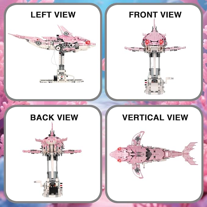 Mechanical Pink Dolphin Building Blocks Linkage Kit Sea Animal Model with Lighting Display Stand STEM Power Toy DIY Desktop Ornament for Kids & Adults Ages 12+ Birthday Gift Idea 888pcs