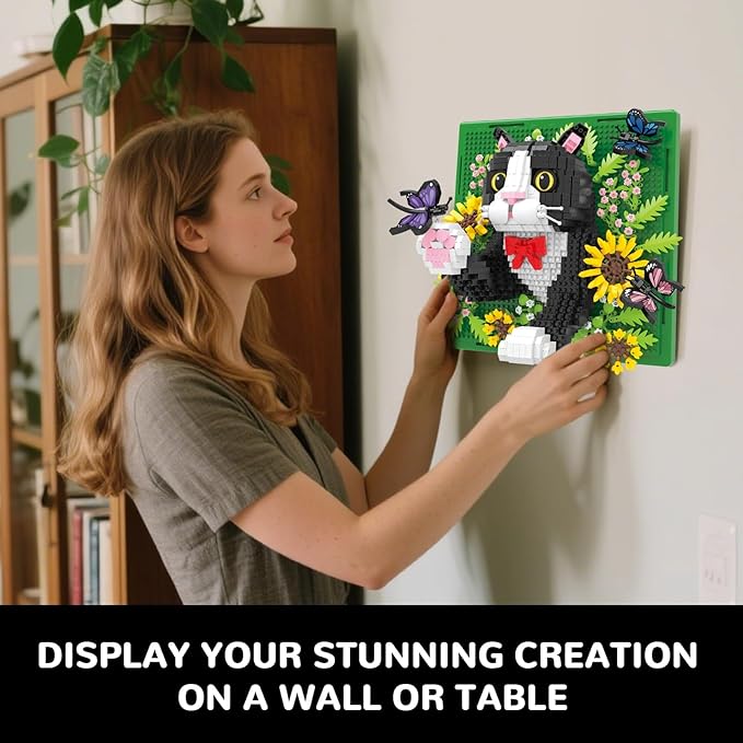 Flowers Tuxedo Cat Animal 3D Wall Art Micro Mini Building Blocks Set Unique Home Wall Decor or Table Display No Compatible with Lego Ideal Gift Toy for Adults & Boys Girls 14+ (1402 PCS)