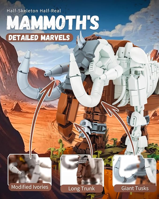 Huge Mammoth Fossil Building Kit with Habitat Base Elephant Crossing Toys Compatible with Lego Animal Dinosaur SetsBirthday Gift for Adults & Kids Aged 14+ 1310 PCS
