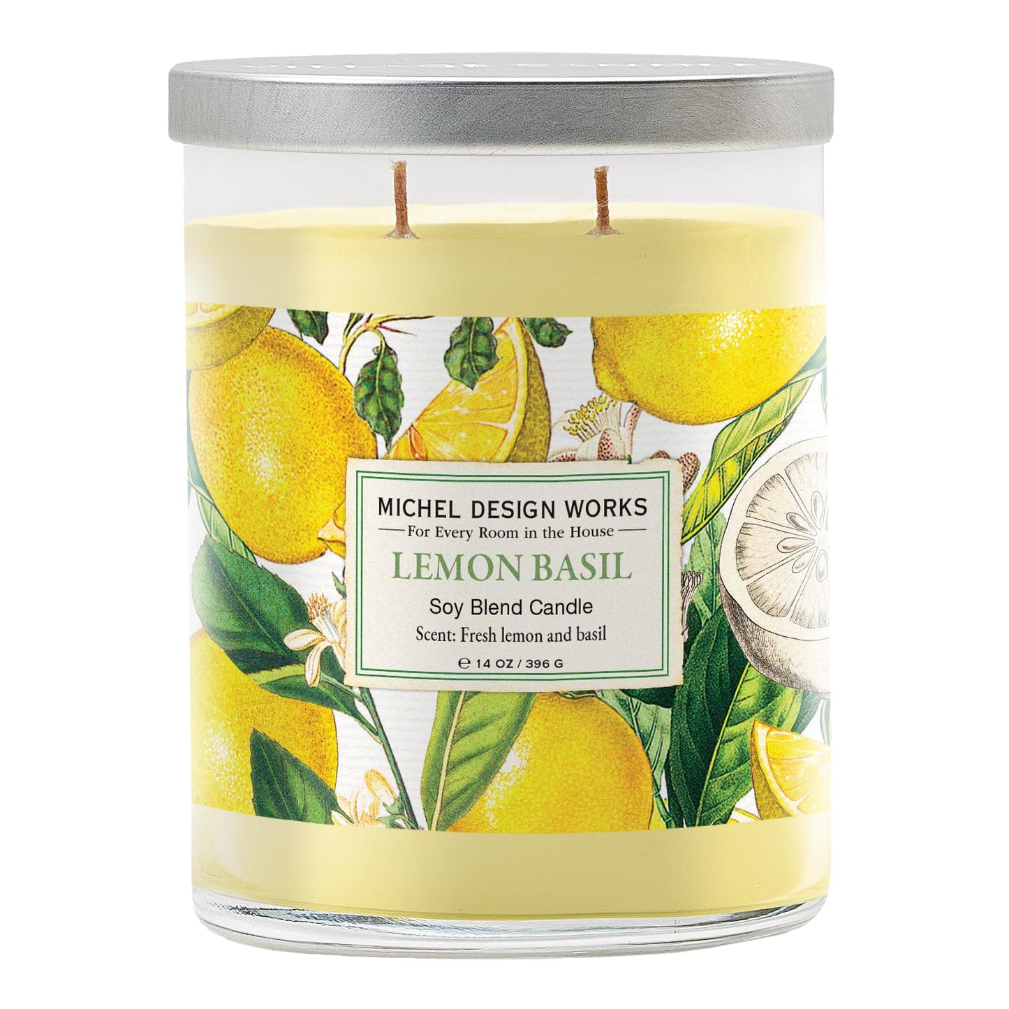 Michel Design Works Lemon Basil Scented Candle, 14 oz Soy Blend Dual Wick Glass Jar Candle with Lid, 75 Hour Burn Time, Citrus Herbal Home Fragrance Gift