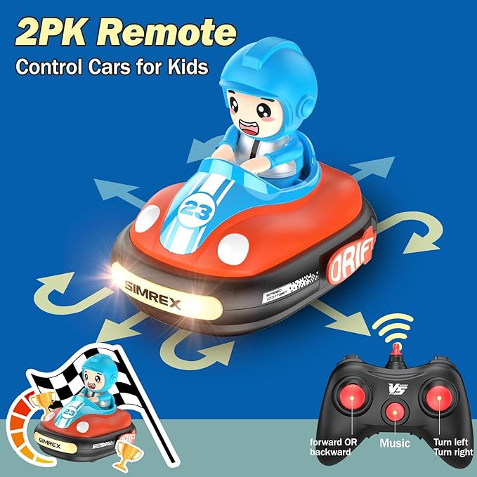 SIMREX Remote Control Bumper Cars for Kids - 2 Player Battle Set with Lights & Music Toy RC Car for Toddlers Boys Girls Ages 3-8 Christmas Birthday Gift for Boys Girls