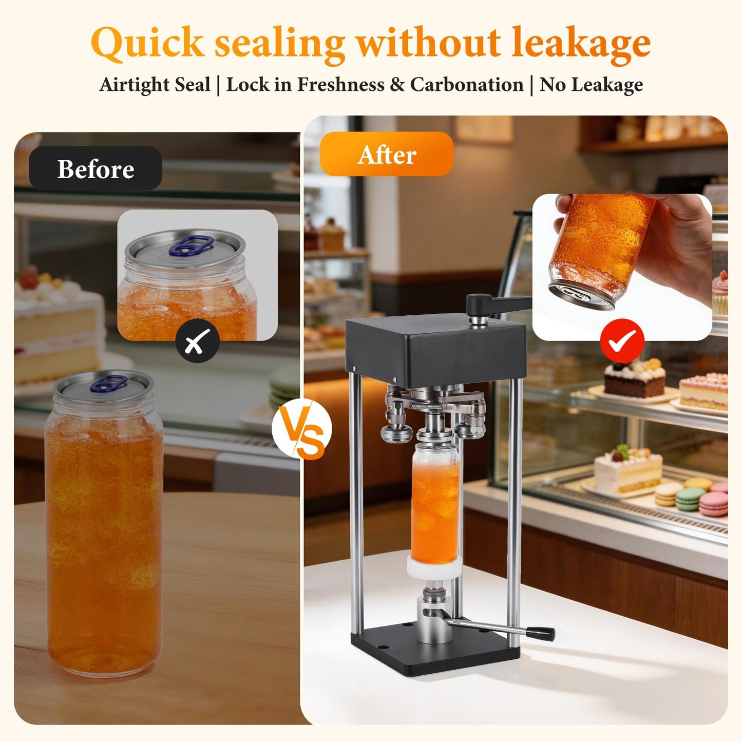 Manual Can Sealer Machine, 2.2'' caliber Cup Sealer, No Electricity Needed with Adjustable Height for 11.2/16.9oz Bottles, Table Mountable for Bubble Tea, Coffee, Smoothie Shop & Home Use