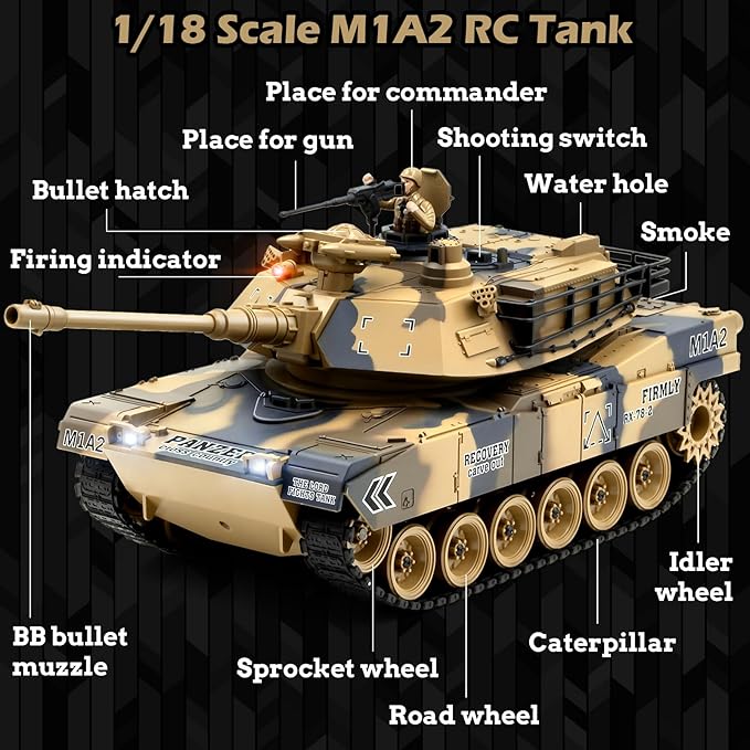 1/18 US M1A2 Army Tank 2.4GHz Remote Control Model Toys Smoke & Sound & LED Lights & Recoil Effects. RC Tank Perfect Collectible6+ Gift Kids and Adults