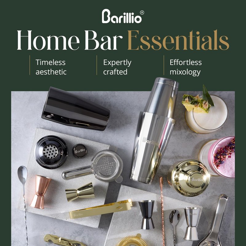 Barillio Gold Mixology Bartender Kit - 8 pcs Stainless Steel Travel Cocktail Shaker Set with Bag - Bar Tools Set with Martini Shaker, Drink Mixer Spoon & Mojito Muddler for Cocktails, Pourers & Jigger