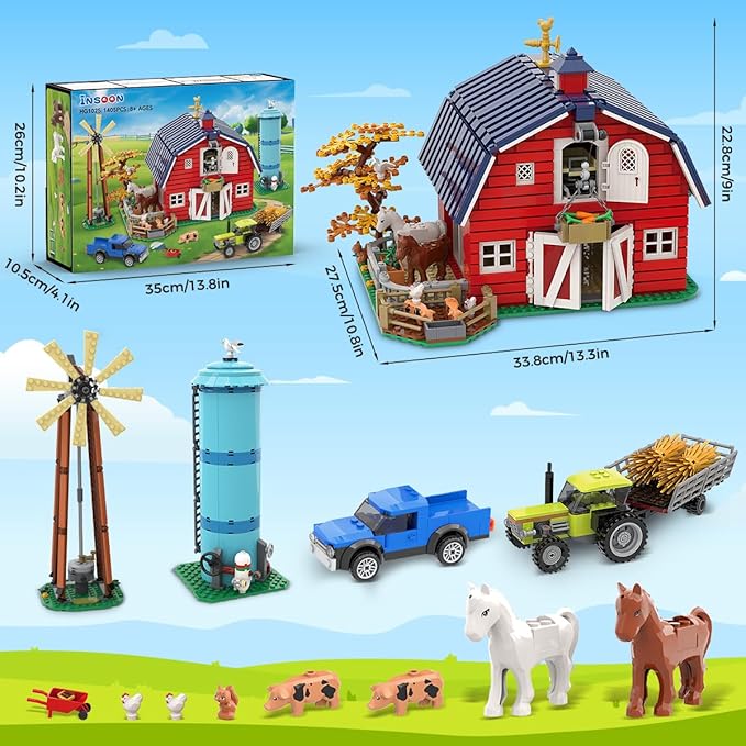 Western Farm Barn House Easter Building Set with Lights Newly Enhanced with Reinforced Structure 1434PCS Red Barn Building Toy with Animals Horse Tractor Windmill for Adults Boys Girls 10+