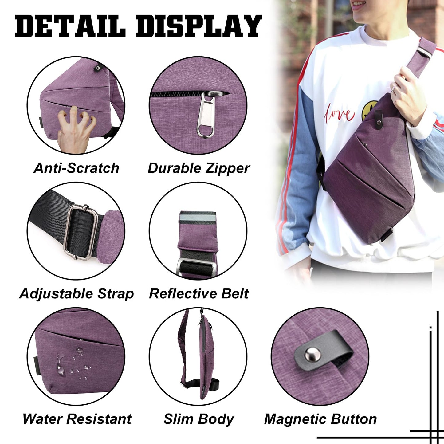 GDOKKNY Anti Theft Crossbody Bag for Women Personal Flex Travel Bag Anti-Theft Cross Body Bag Sling Chest Bag for Men (Black)