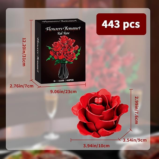 Red Rose Flower Bouquet Building Set Botanical Collection Kit Artificial Fake Flowers Blocks Home Table Decor Aesthetic for Valentine's Day Birthday DIY Craft Floral Gift Without Vase