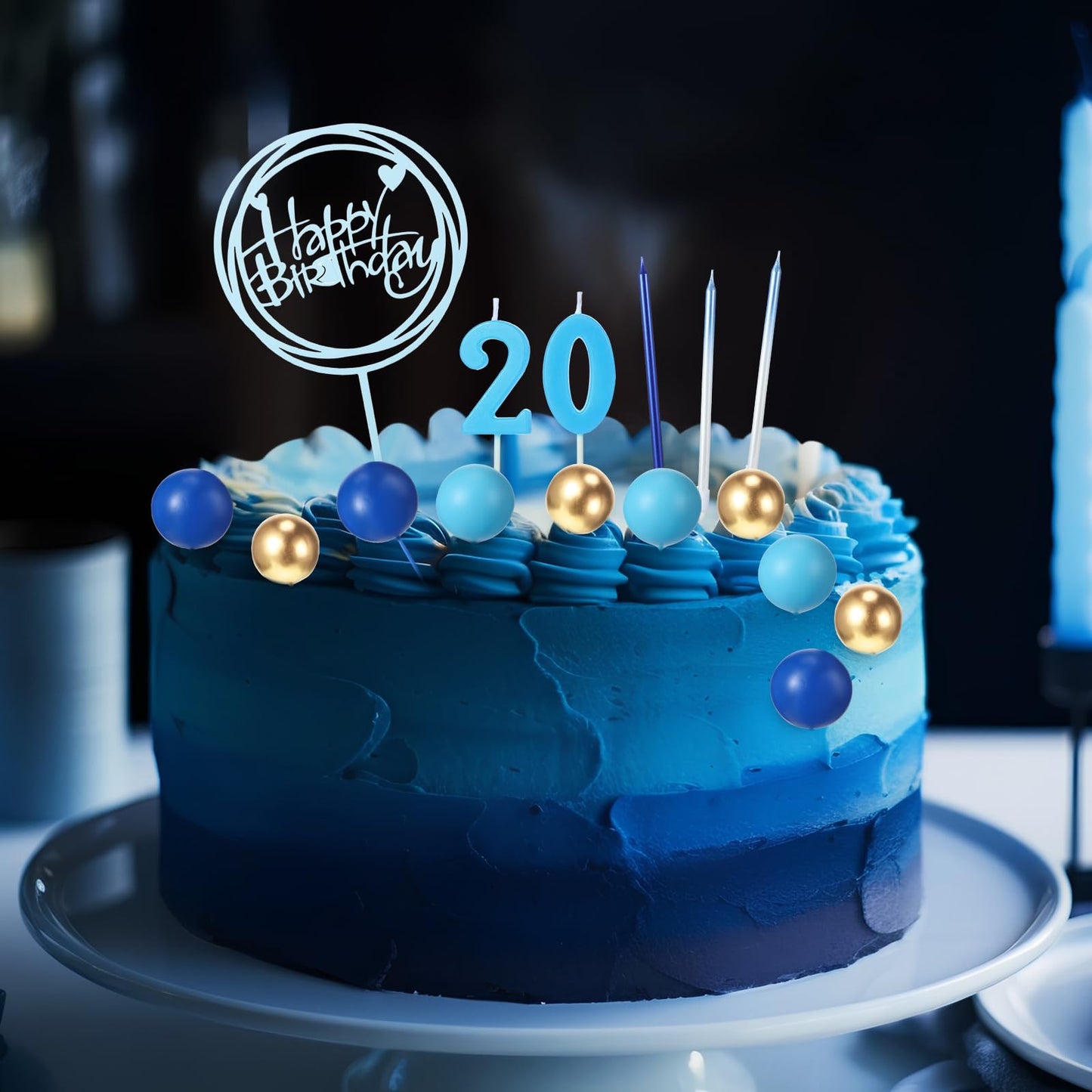 Yerliker 34 Pcs Happy Birthday Cake Toppers Decorations Birthday Candles DIY Cake Decor for Men Women Wedding Anniversary(Navy Blue)