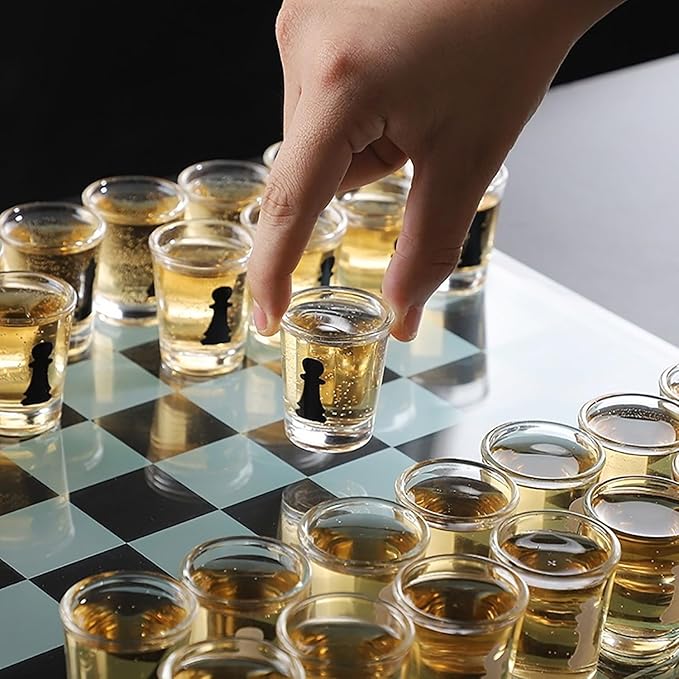 Shot Glass Chess Set – 13.78 Chess Board with 32 Mini 1.89 Shot Glass Pieces Fun Drinking Chess Game for Adults Party Game & Novelty Gift