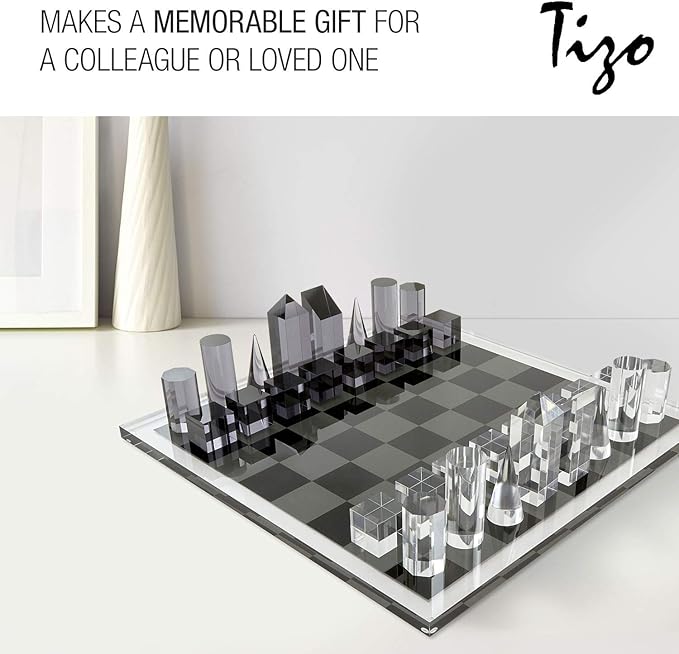 Tizo Design Elegant 17” Lucite Chess Set Designer Lucite & Acrylic Pieces Modern & Trendy Multiple Options Available (Clear & Smoke)
