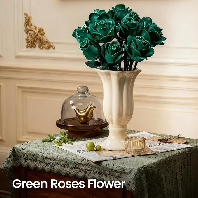 iATOM Green Rose Bouquet Building Set 12Pcs Fake Flowers Botanical Collection for Adult Valentine's Day Gift and Saint Patricks Day Decorations for Her/Girlfriend/Mom/Wife/Couple