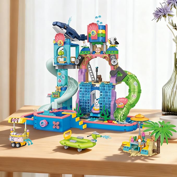 1150Pcs Friends Water Park Building Set STEM Summer Fun Party Toy with Swimming Pool SlidesWater CanonsDiving PlatformAnimal Pretend Play Kit for kids Birthday Gifts for Girls Ages 6-12+