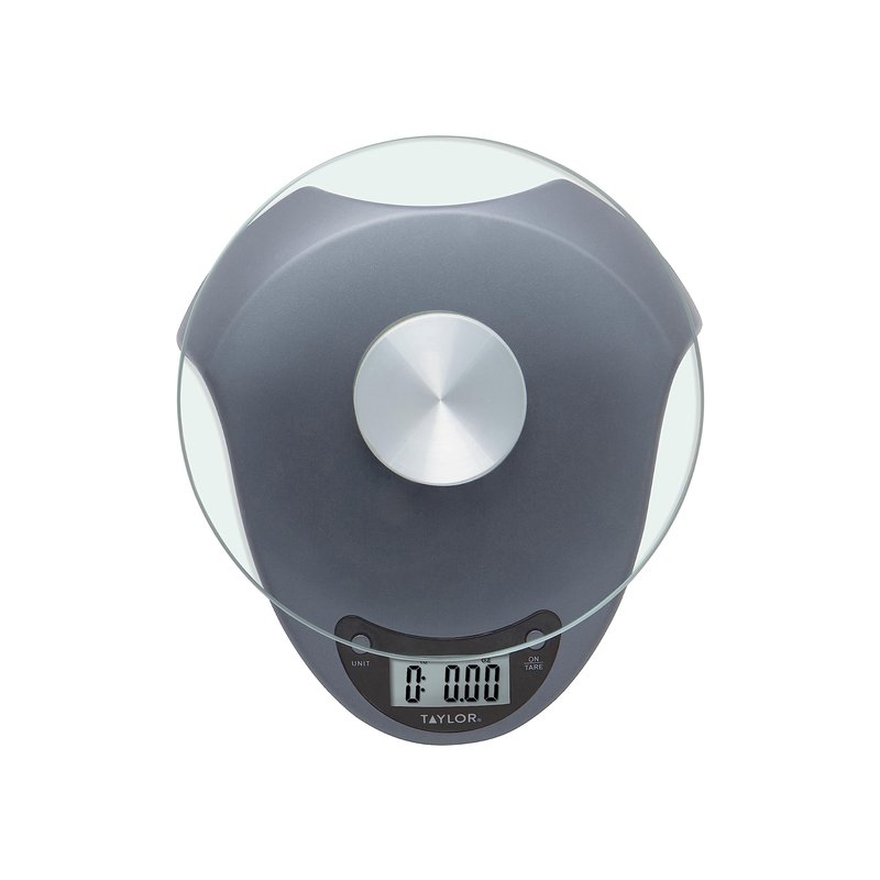 Taylor Digital Kitchen Scale with Glass Platform, Tare Button, and Plastic Body Weighs up to 11 Pounds Capacity, Silver