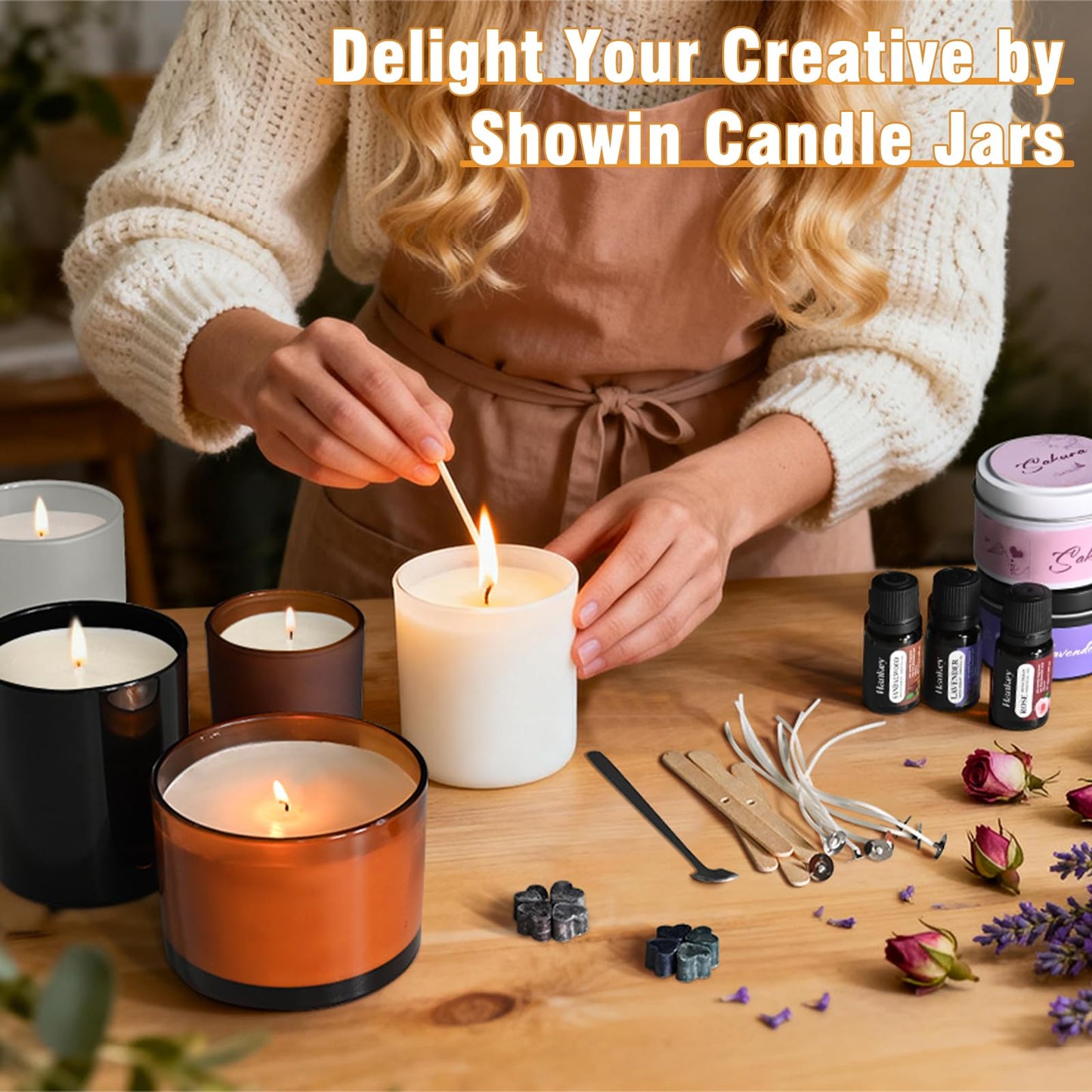 SHOWIN 10 OZ Thick Candle Jars for Making Candles 15 Pcs, Empty Jars with Wood Lids for Candle Making, Sample Container, Glossy White