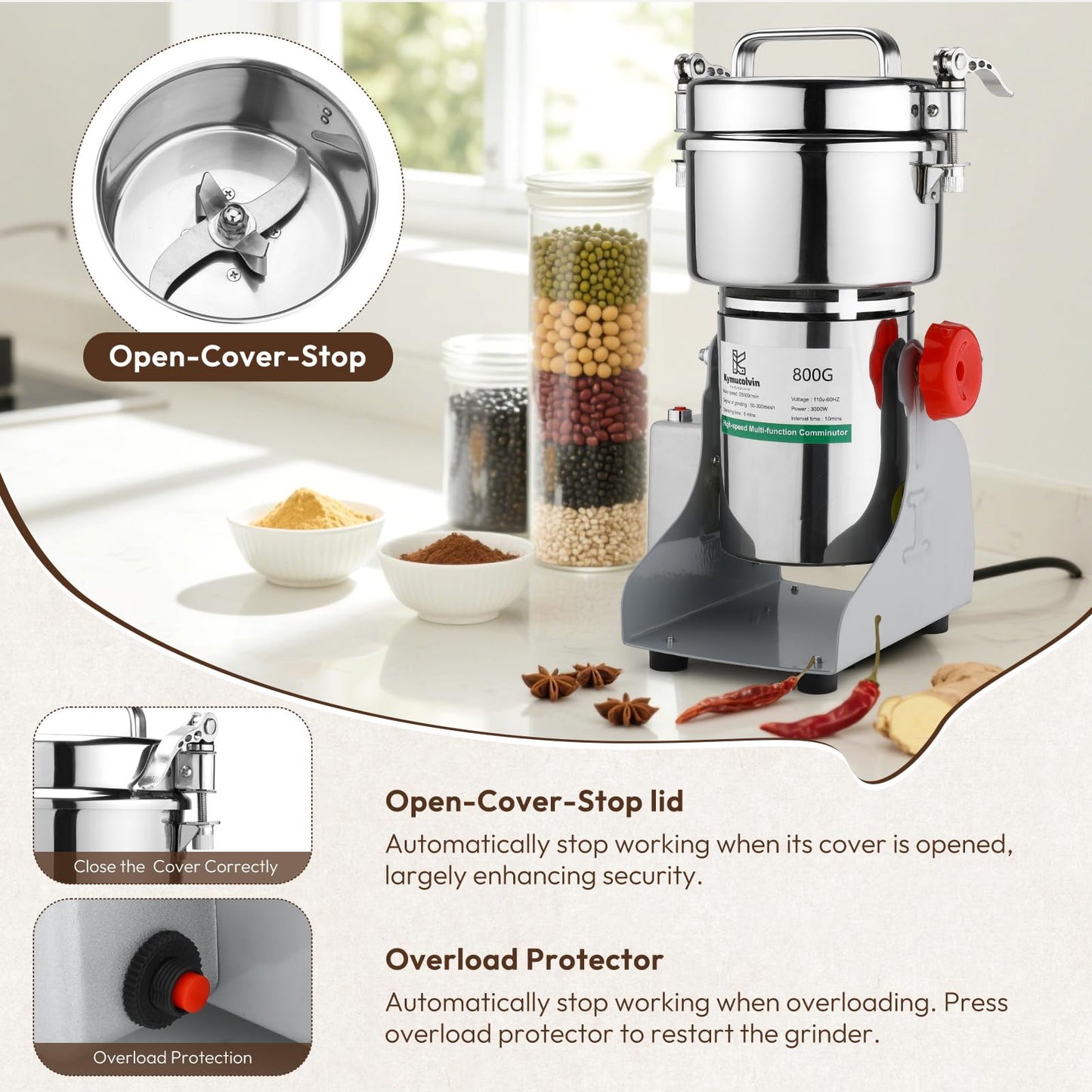 Kymucolvin Electric Grain Mill Grinder-1000g 110V 3500W Performance Grain Mill,Suitable For Kitchen, Household,Commercial Use of Crushing Dry Grains,Spices,Herbs,Coffee,Corn,Pepper Grinder. (1000g)