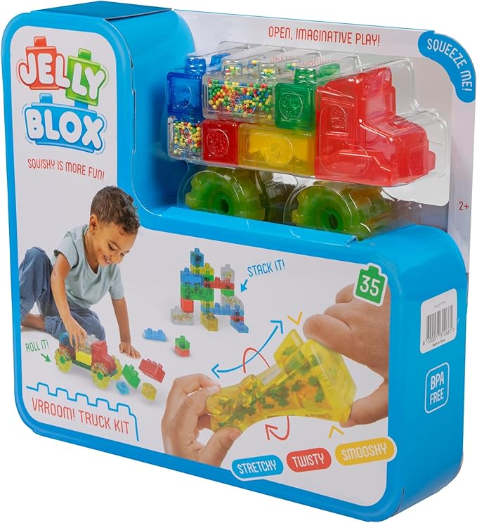 Goliath Jelly Blox Vrroom! Truck Kit | Includes 35 Blocks | Toddler & Preschool Building Blocks Kids Can Squeeze Stretch Squish | MESH ACCREDITED | Safety Tested Ouch-Free | Sensory Play Toy Age