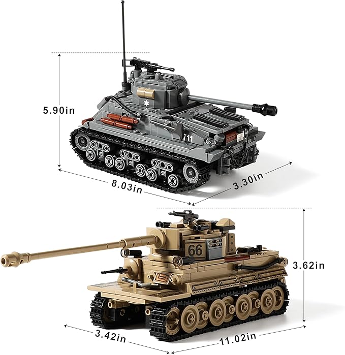 WW2 Army Tank Toys Building Kit Compatible with Lego Create a German Tiger & an American M4 Sherman Models with 1184 Blocks Great Military Toy Gifts for Boys Kids Age 8-14
