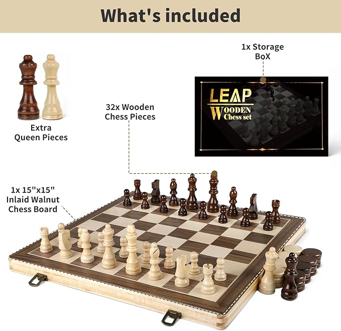 LEAP Wooden Chess and Checker Sets - 15 Walnut & Maple Folding Chess Board with 2 Extra Queens | Chess Board Set | Wooden Chess Sets for Adults