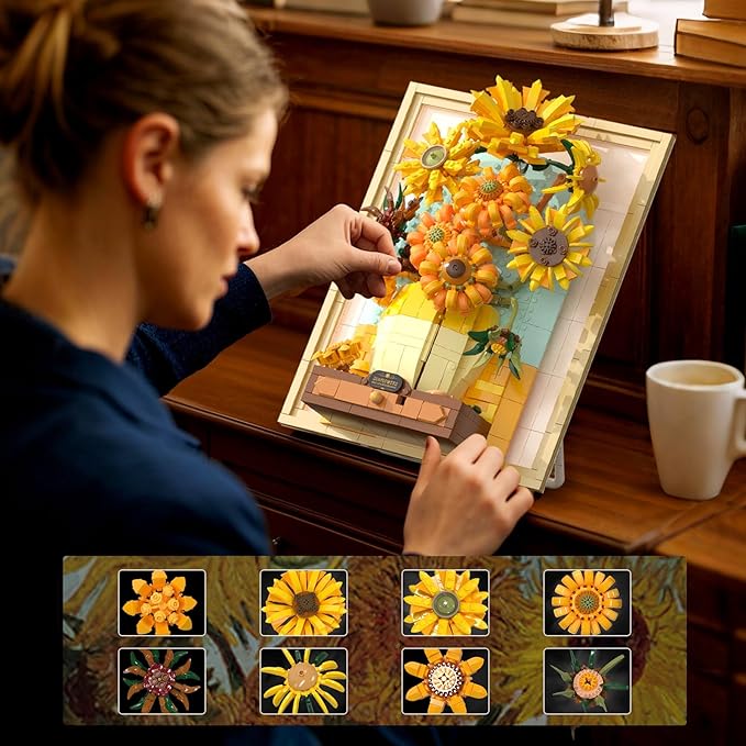 Building Block Sets Van Gogh Sunflower Painting Building Toys with Sensor Light 1166 Pcs 3D Framed Wall Art for Adults DIY Model Kit for Home Office Decor Gift for Women & Art Lovers