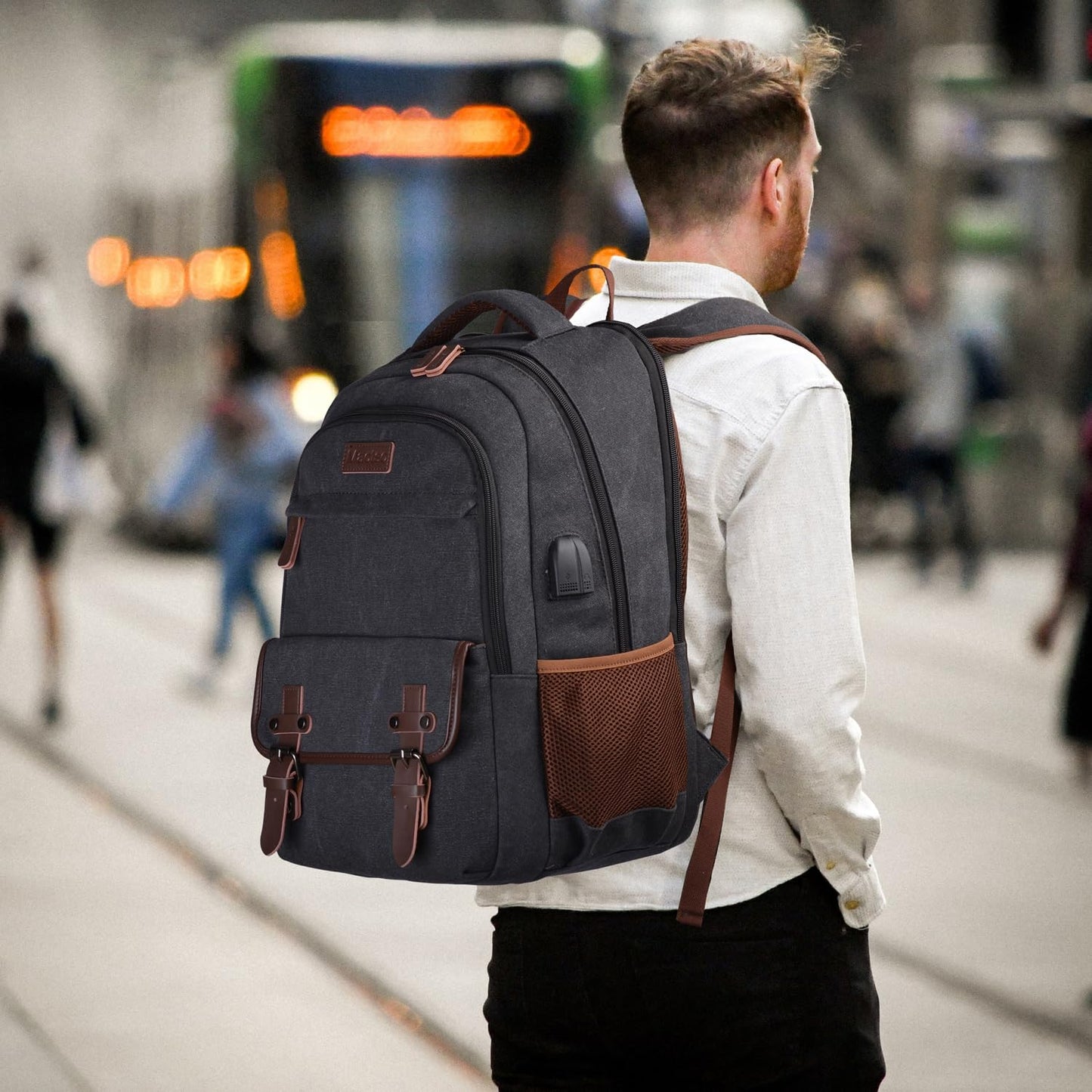Mactso Canvas Travel Laptop Backpack for Men Women, Business Work Rucksack College Computer Bag Fits 17.3 Inch Notebook,Bookbag with USB Charging Port (Black, 17.3 Inch)