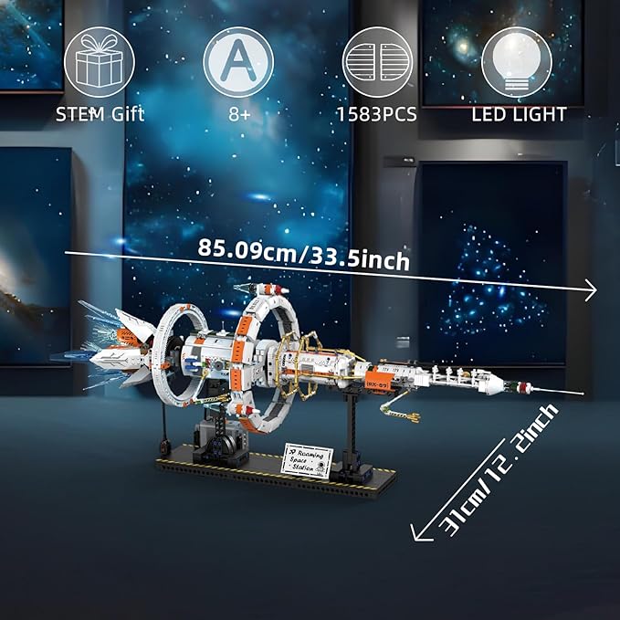 Space Station Building Set with Motor and LED Lights - 360°Rotating Space Shuttle Rocket Model Building Kits with Display Stand STEM Engineering Gift for Adults Men Kids (1583 PCS)