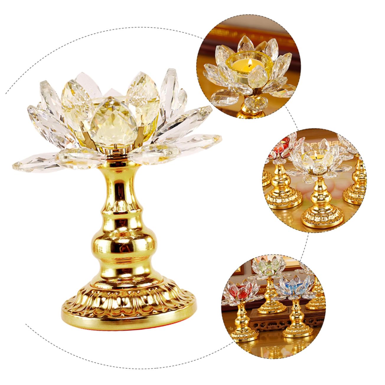 HAKIDZEL Crystal Lotus Candle Holder Elegant Sturdy Candlestick for Buddha Temple Home Decor Yellow Design for Wedding Party Table Display