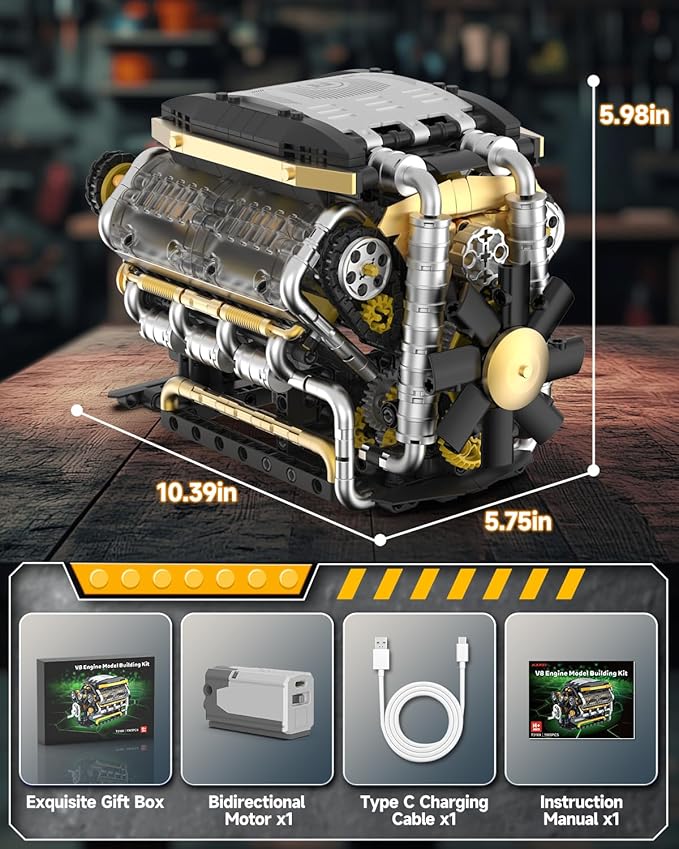 Karei V8 Engine Building Set V8 Engine Model Kit That Run with Manual & Electric Dual Working Modes V8 Building Motor Kit Runs 2 Directions and 2 Speeds STEM Toys Gifts for 14+ and Adult (1065