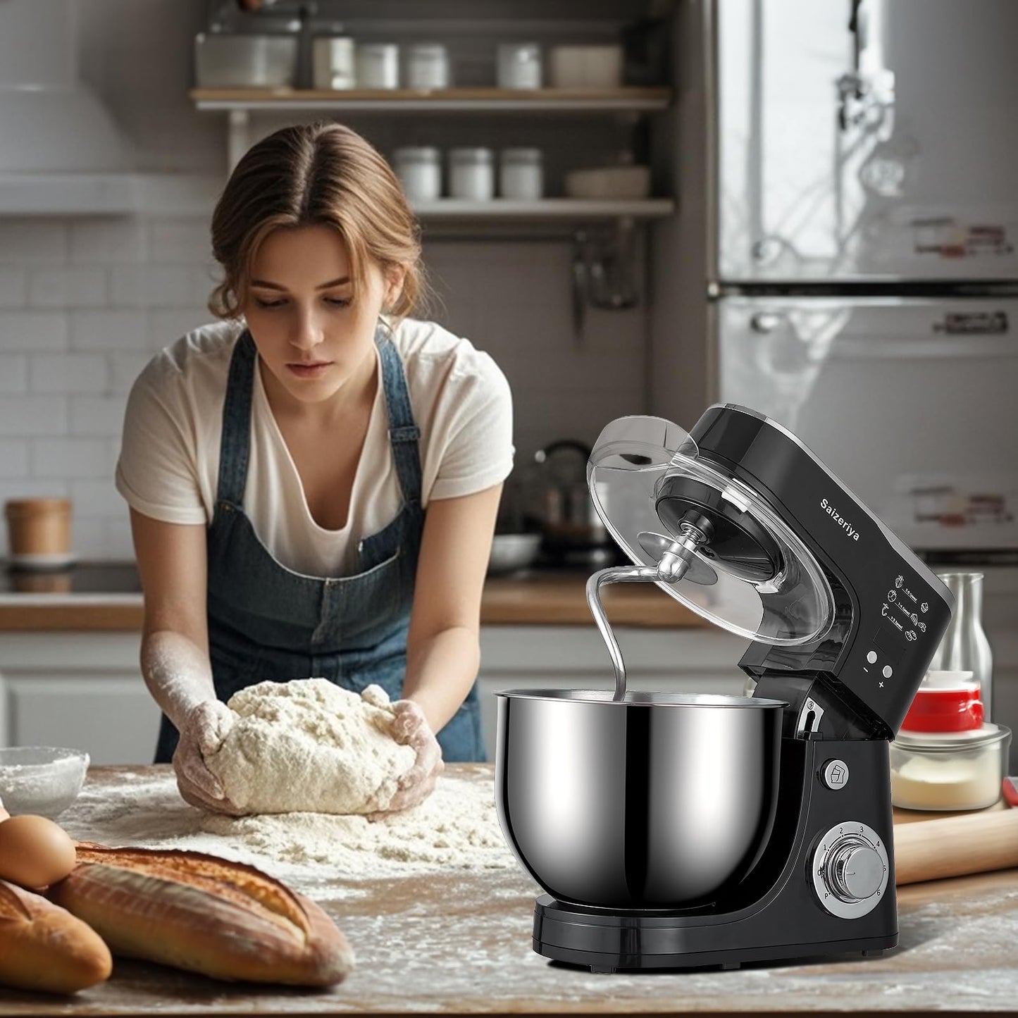 Electric Stand Mixer, 4.5QT 6-Speeds Electric Food Cake Mixer, 800W Dough Mixer Tilt-Head Electric Stand Up Mixer with Stainless Steel Bowl, Dough Hook, Mixing Beater and Whisk, Splash Guard, Black
