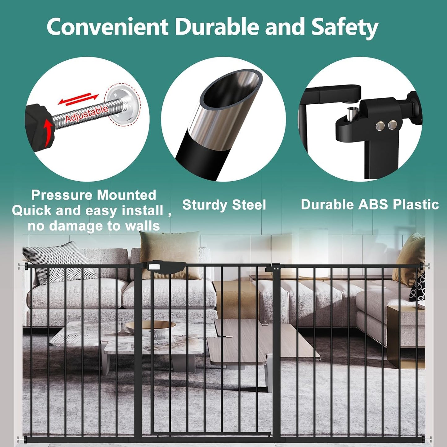 ALLAIBB Triple Lock Extra Wide Baby Gate Pressure Mounted Walk Through Safe Auto Close Black Metal Dog Pet Puppy Cat for Stairs,Doorways,Kitchen 68.11-75.98"
