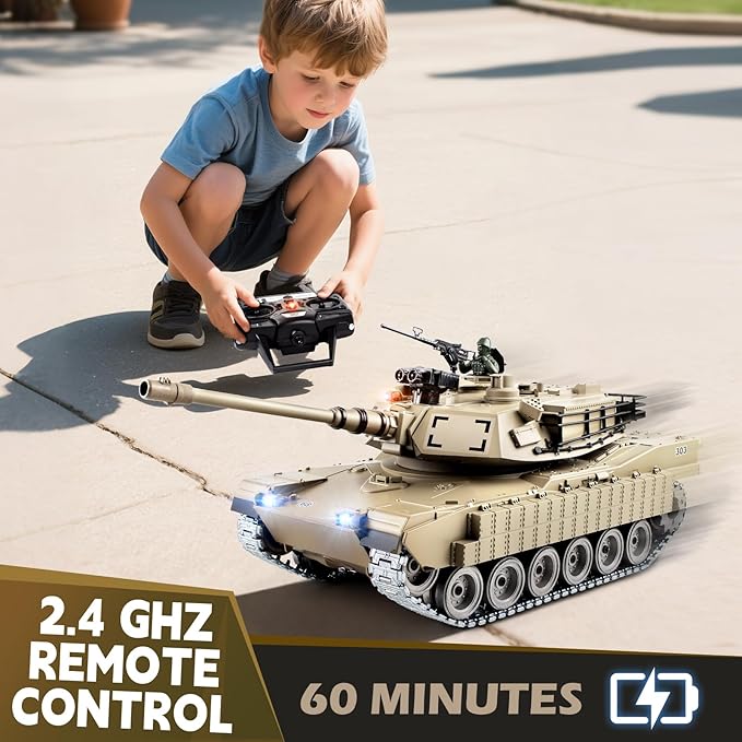 1/18 Metal US M1A2 Remote Control Tank RC Tank with Smoke Sound & LED Lights 330° Turret Rotation RC Thant Shoots BBS & 60 Minutes