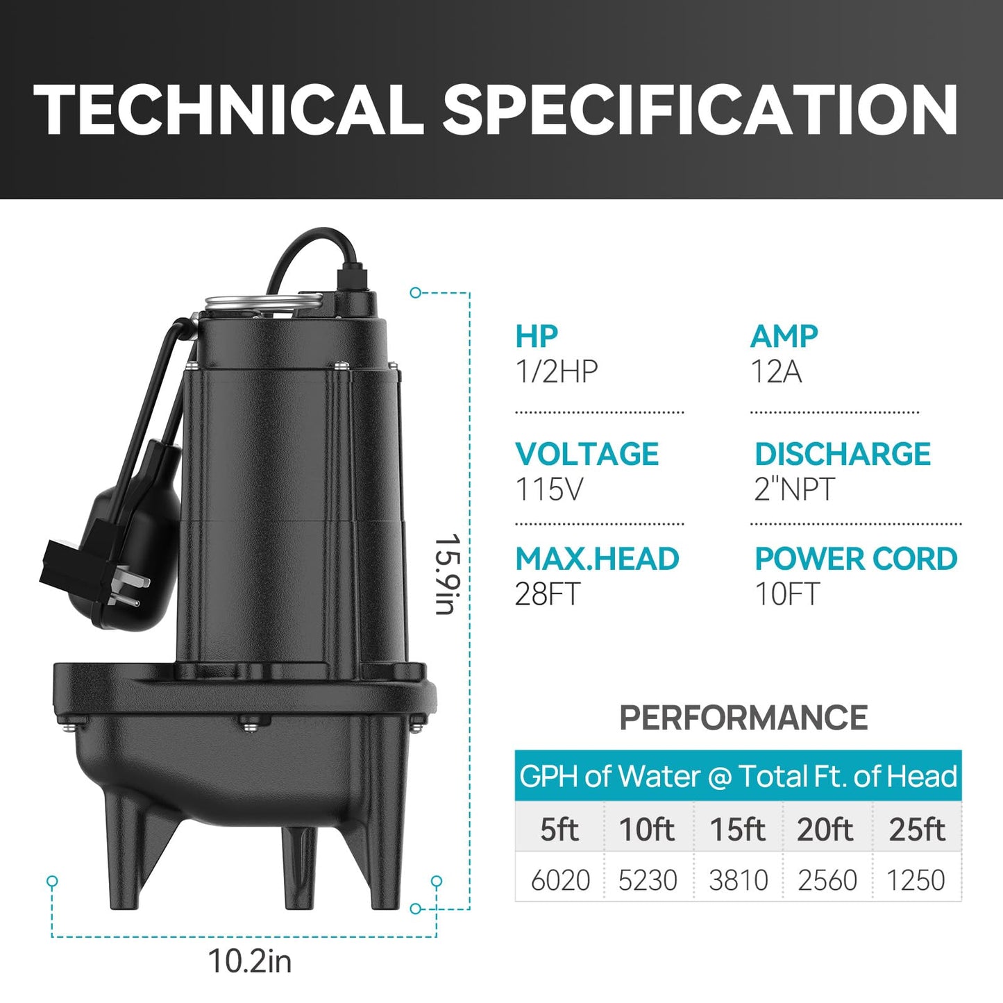 BOMGIE 1/2 HP Sewage Pump, Cast Iron Effluent Pump, Automatic Float Switch, Sewage Sump Pump for Sump Basin, Basement, Residential Sewage, 2'' NPT Discharge, Black